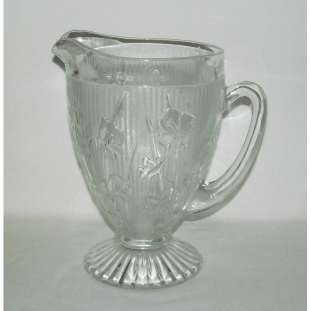 Jeannette Glass IRIS AND HERRINGBONE Crystal Large Footed Water Pitcher